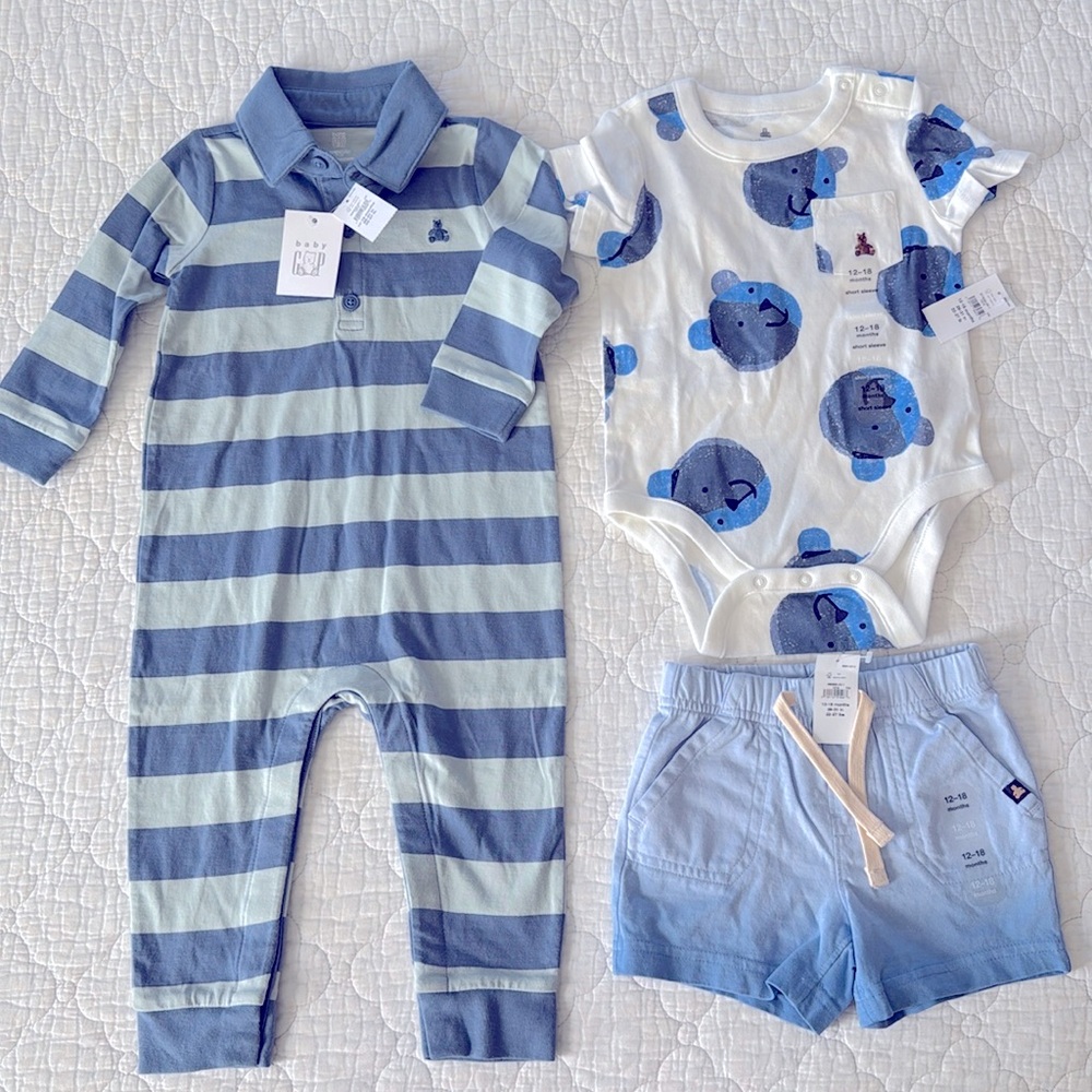 Baby gap long sleeve zip up one-piece, button up bodysuit, and shorts